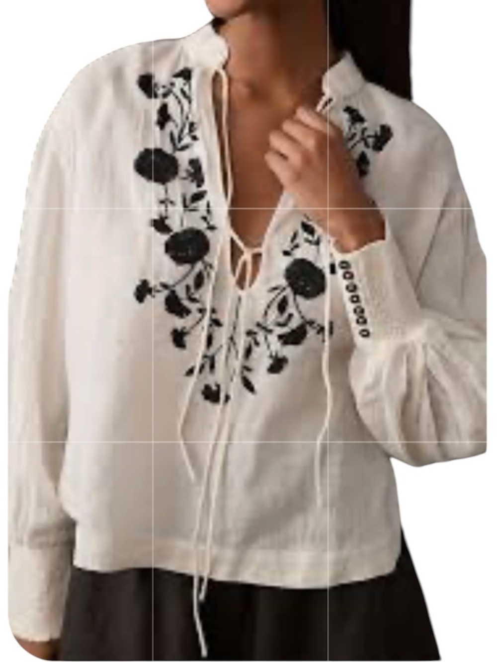 Anthropologie European Linen Embroidered Tunic Blouse White Black Smocked Cuff